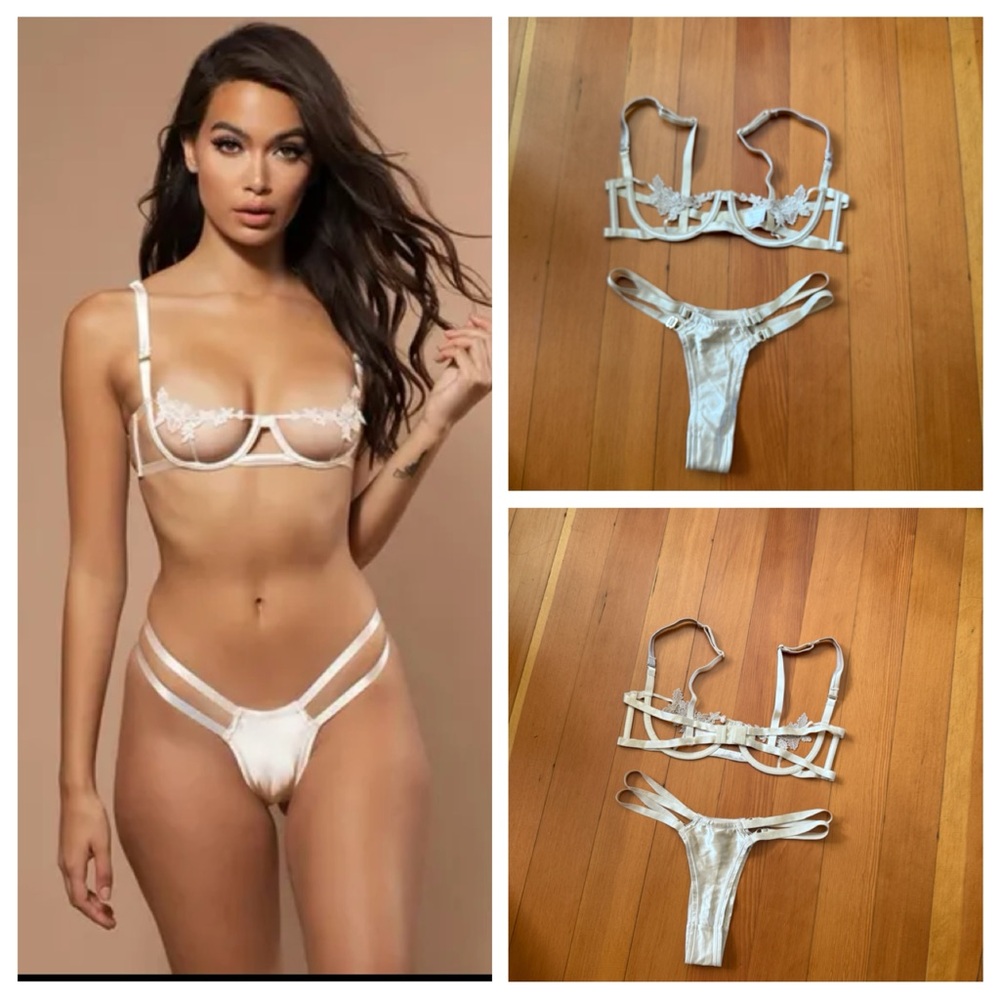 MESHKI Off-White Elegant Lace Lingerie Set Bra M+Thong S